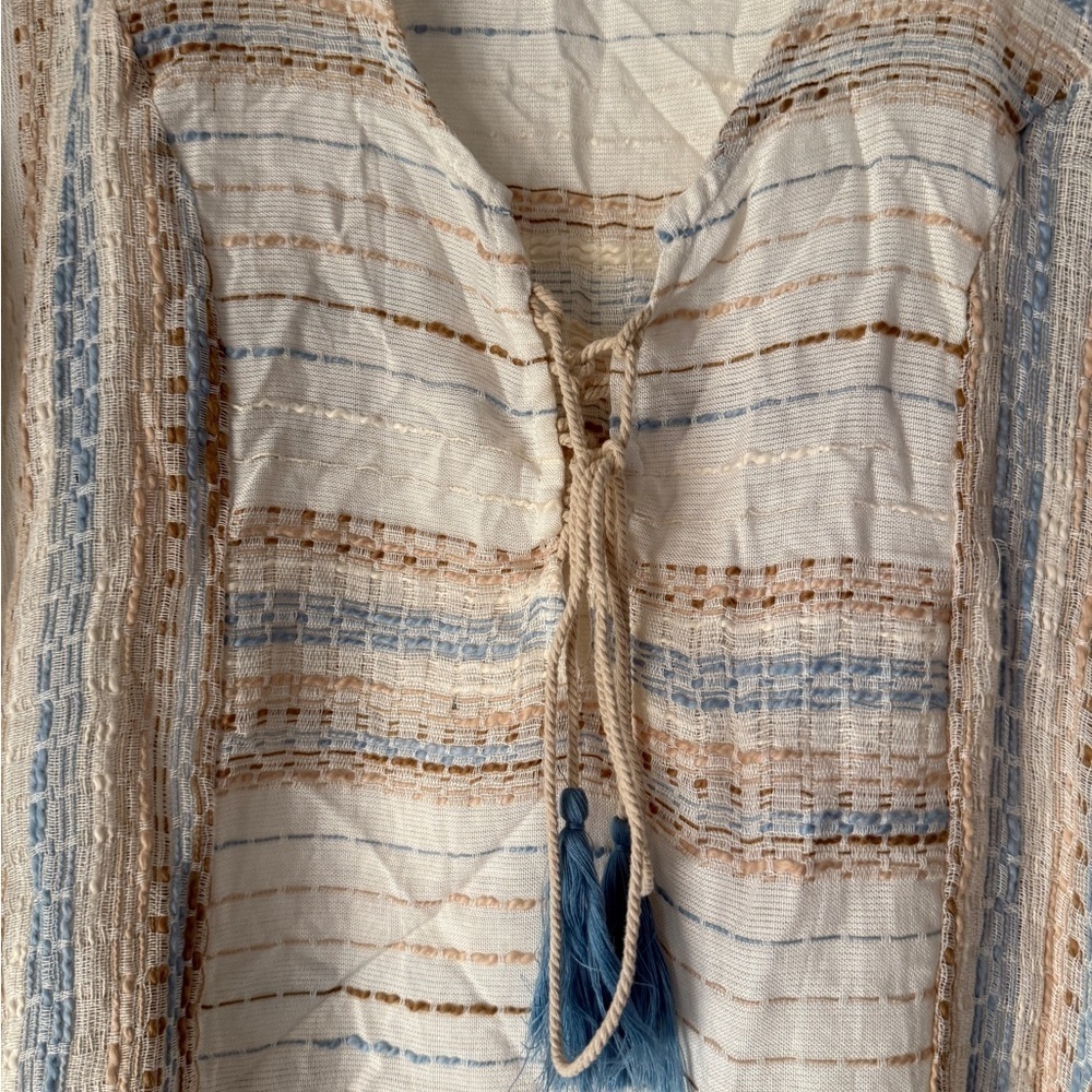 Chic Striped V-Neck Blouse - White, Blue, Tan - Picture 3 of 10